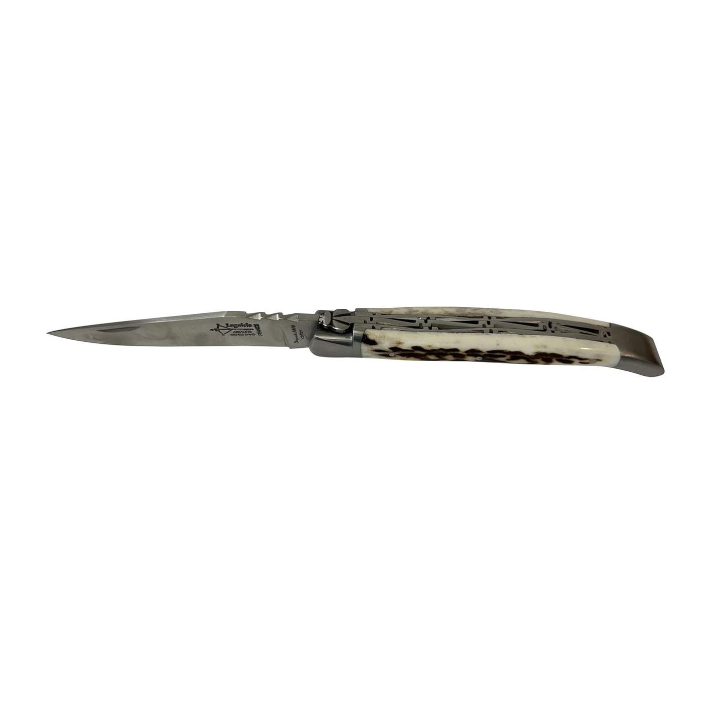 Arbalete Genes David Multi-Purpose Folding Knife With Handcarved Spring, Deer Antler Handle And Brushed Stainless Steel Bolster, 4.8-Inches