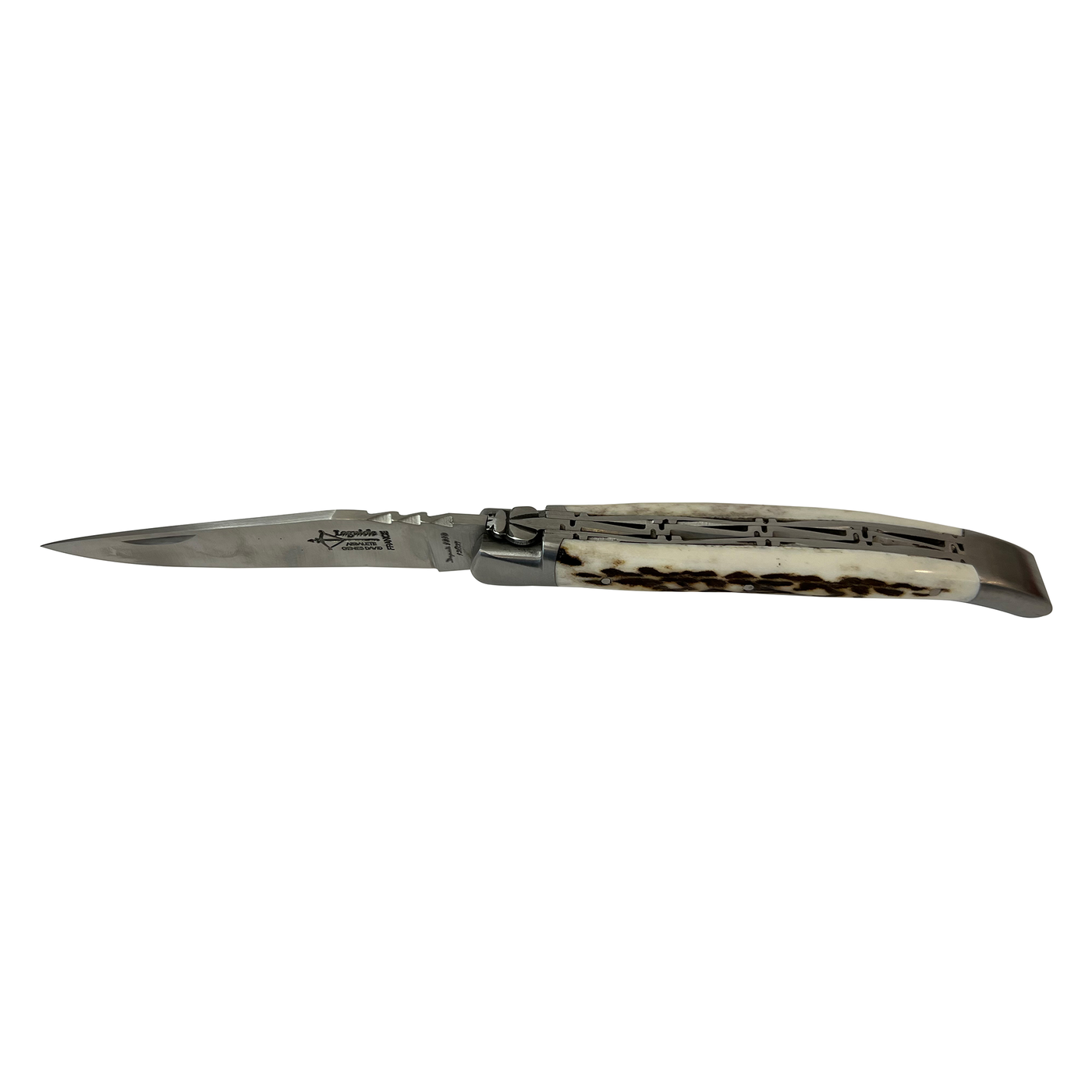 Laguiole Arbalete Genes David Multi-Purpose Folding Knife With Double Stainless Steel Spring, And With Deer Antler Handle & Brushed Stainless Steel Bolster, 4.8-in