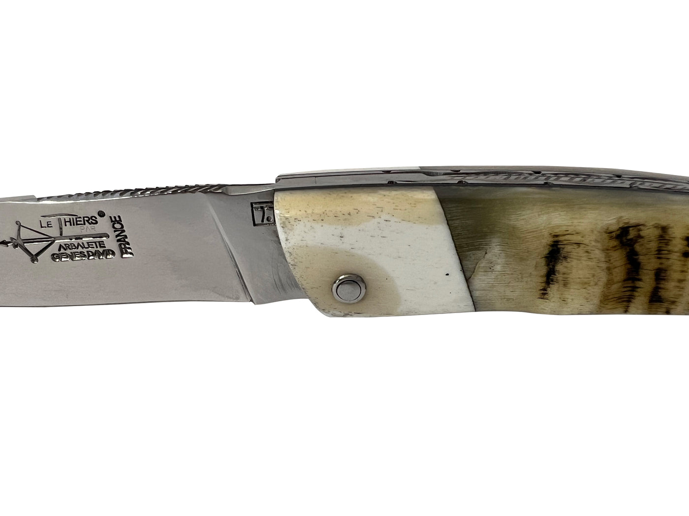 Laguiole Arbalete Genes David Multi-Purpose Folding Knife With Handcarved Spring, And With Ram Horn Handle & Bone Bolster, 4.8-in