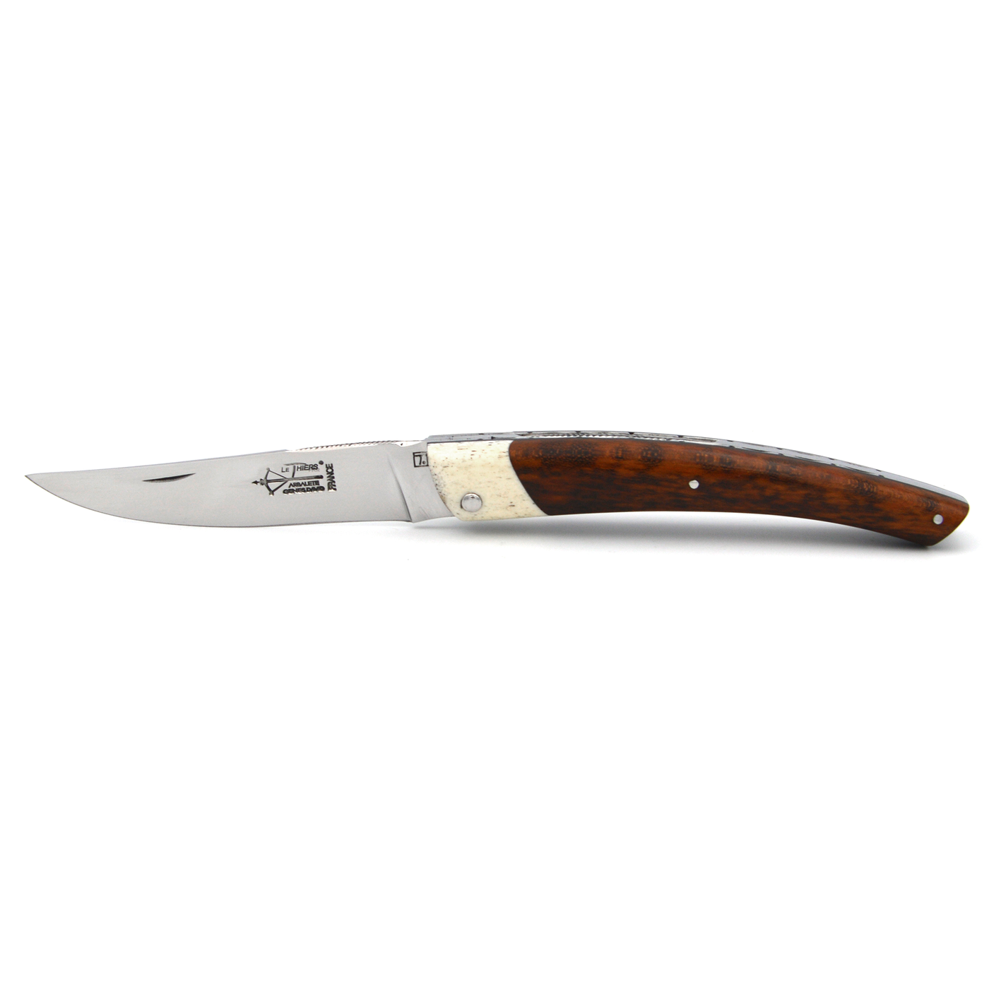 Arbalete Genes David Multi-Purpose Folding Knife With Handcarved Spring, With Amourette Snakewood Handle & Bone Bolster, 4.8-in