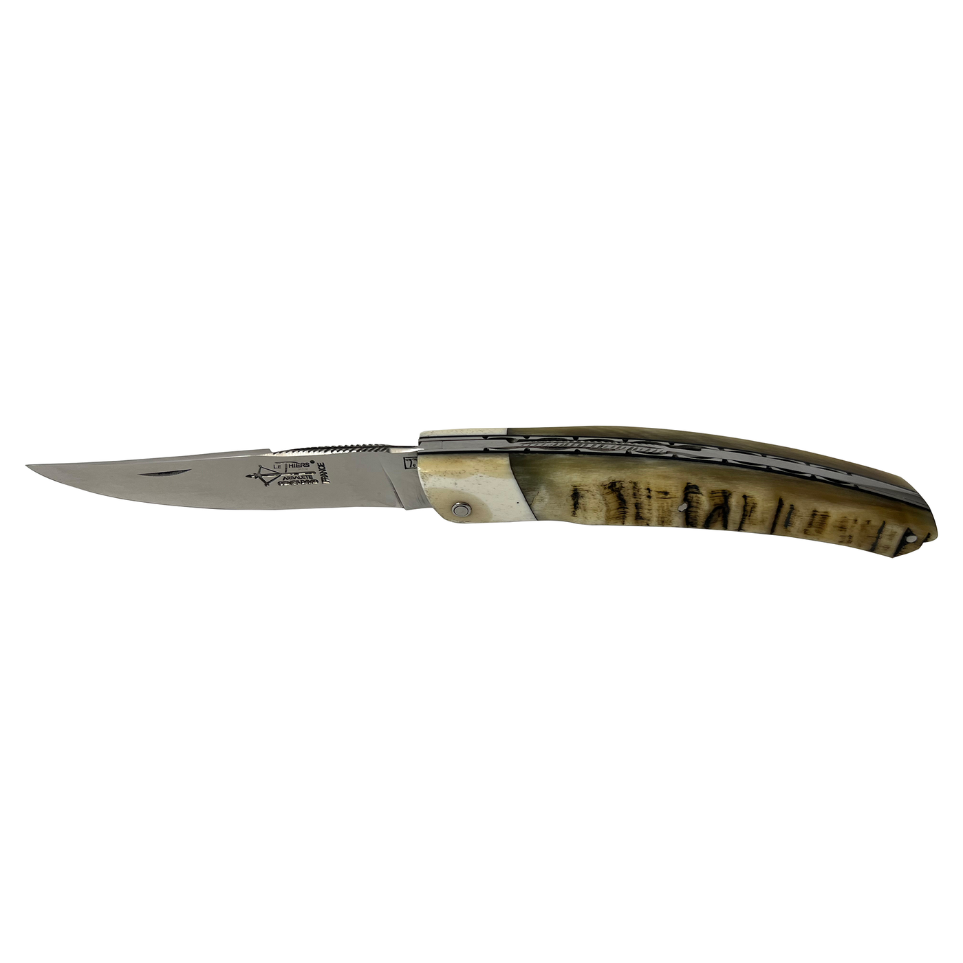 Laguiole Arbalete Genes David Multi-Purpose Folding Knife With Handcarved Spring, And With Ram Horn Handle & Bone Bolster, 4.8-in