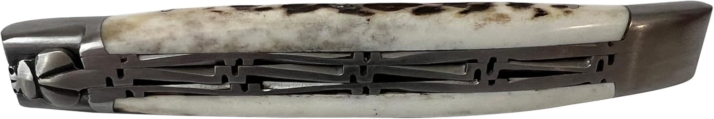 Arbalete Genes David Multi-Purpose Folding Knife With Handcarved Spring, Deer Antler Handle And Brushed Stainless Steel Bolster, 4.8-Inches