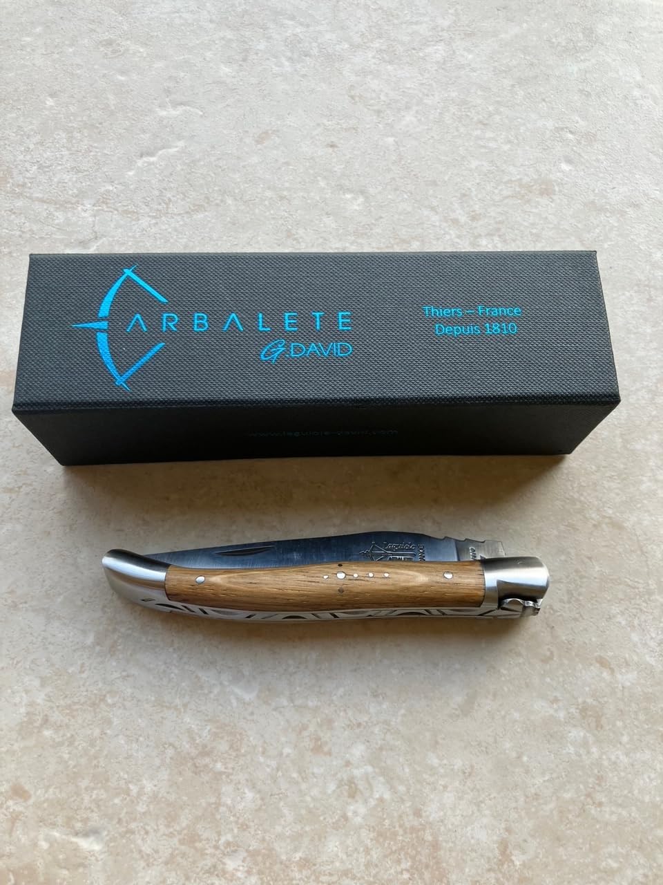 Arbalete Genes David Laguiole Multi-Purpose Folding Knife With Oak Wood Handle And Brushed Stainless Steel Bolster, 4.8-in