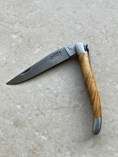 Arbalete Genes David Laguiole Multi-Purpose Folding Knife With Olive Wood Handle And Brushed Stainless Steel Bolster, 4.8-in