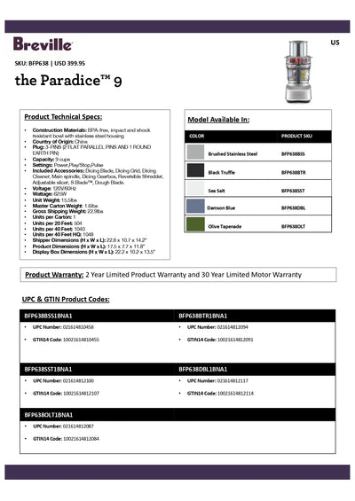 Breville Brushed Stainless Steel Paradice 9-Cups Food Processor