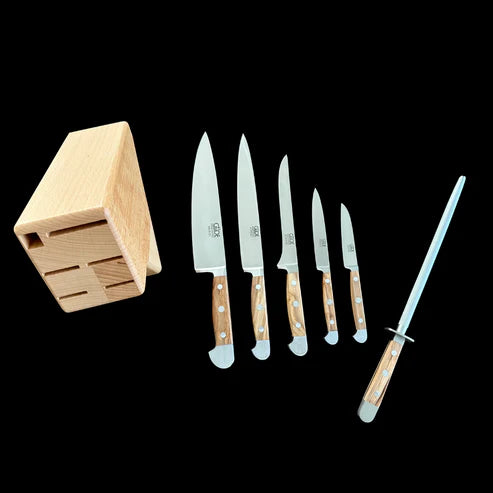 Gude Alpha Olive Series 8-Piece Knife Block Set, Olivewood Handle